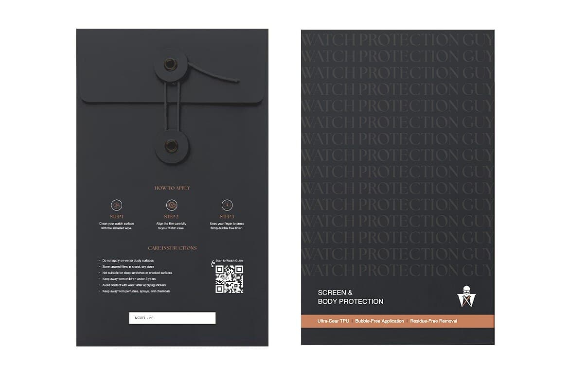 Watch Protection Guy packaging, black envelope with copper string tie