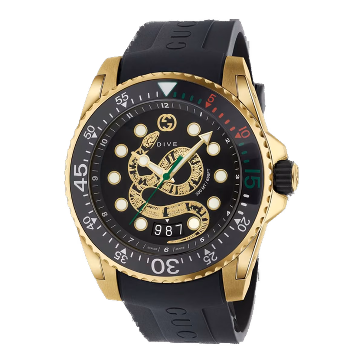 Gucci DIVE GOLD SNAKE RUBBER STRAP 45mm